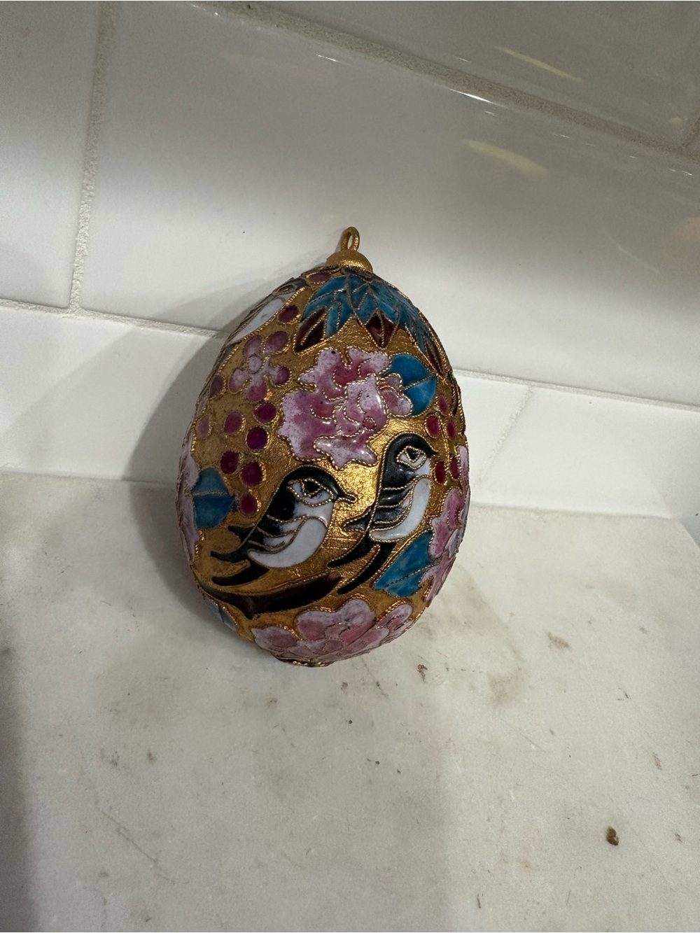 Cloisonné Bird Egg Ornament - Pink Blue Gold Floral